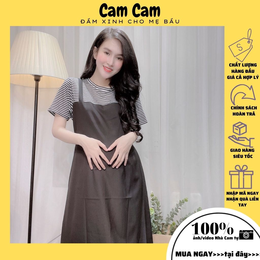 Đầm bầu xinh💓FREESHIP💓Đầm bầu công sở, dạo phố, sọc trẻ trung, thoáng mát, giả yếm, mã ĐB1011