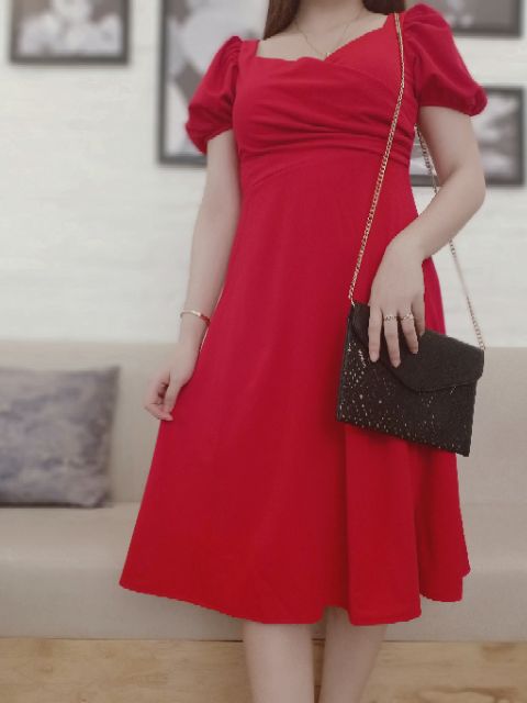 [CÓ SẴN] Đầm nữ đỏ cúp ngực tay phồng thun lụa chiết eo dáng xòe dài bigsize dự tiệc lady xanh giá rẻ đẹp