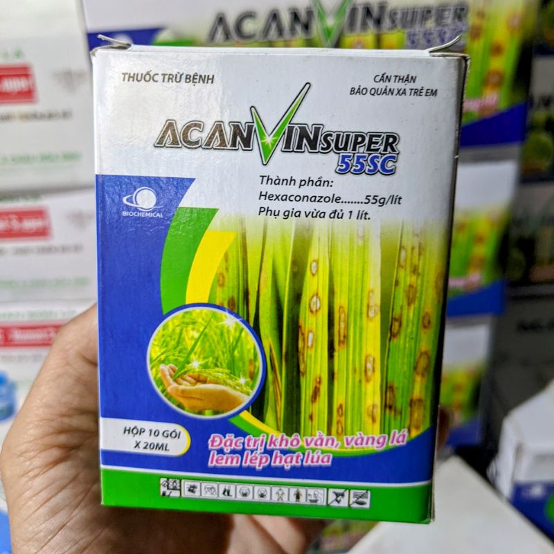 Chế phẩm trừ nấm bệnh cây trồng Acanvin super 55SC gói 20ml. Trị khô vằn rỉ sắt, đốm lá hoa hồng
