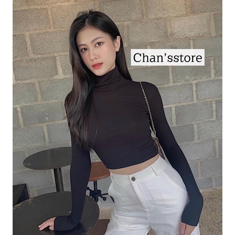 Áo croptop tay dài cổ lọ chất thun gân mịn