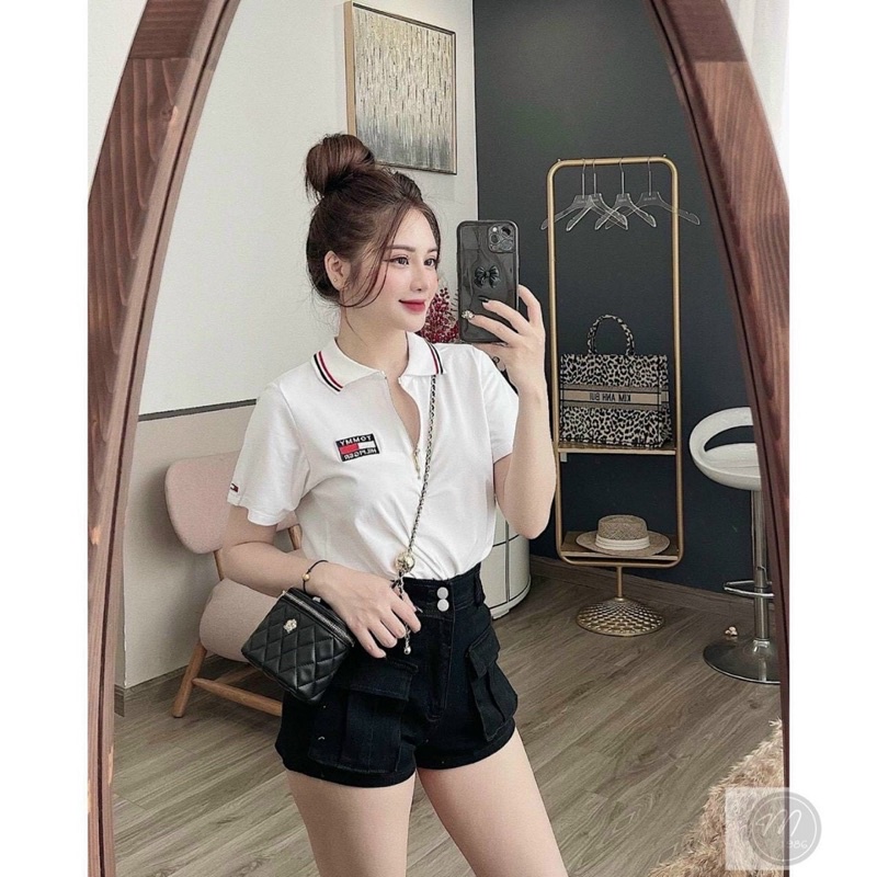 Áo polo trắng viền đỏ đen mác hiệu cộc tay