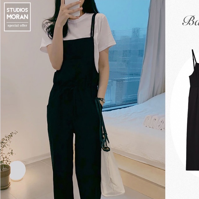(ORDER) Quần yếm dài MORAN Jumpsuit vải cotton màu đen ống rộng style Hàn Quốc đơn giản (HÀNG ORDER)