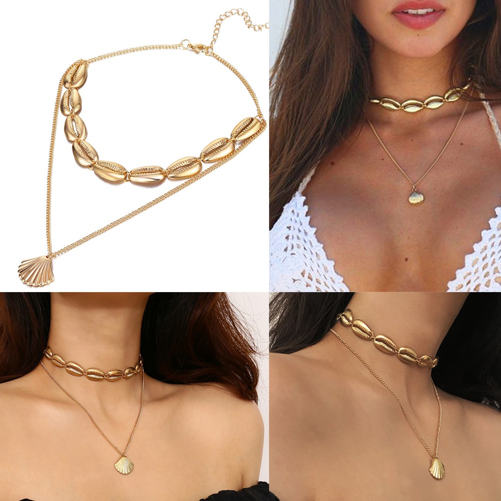 Vòng Cổ Choker Nhiều Lớp Mặt Vỏ Sò Thời Trang Mùa Hè Cho Nữ