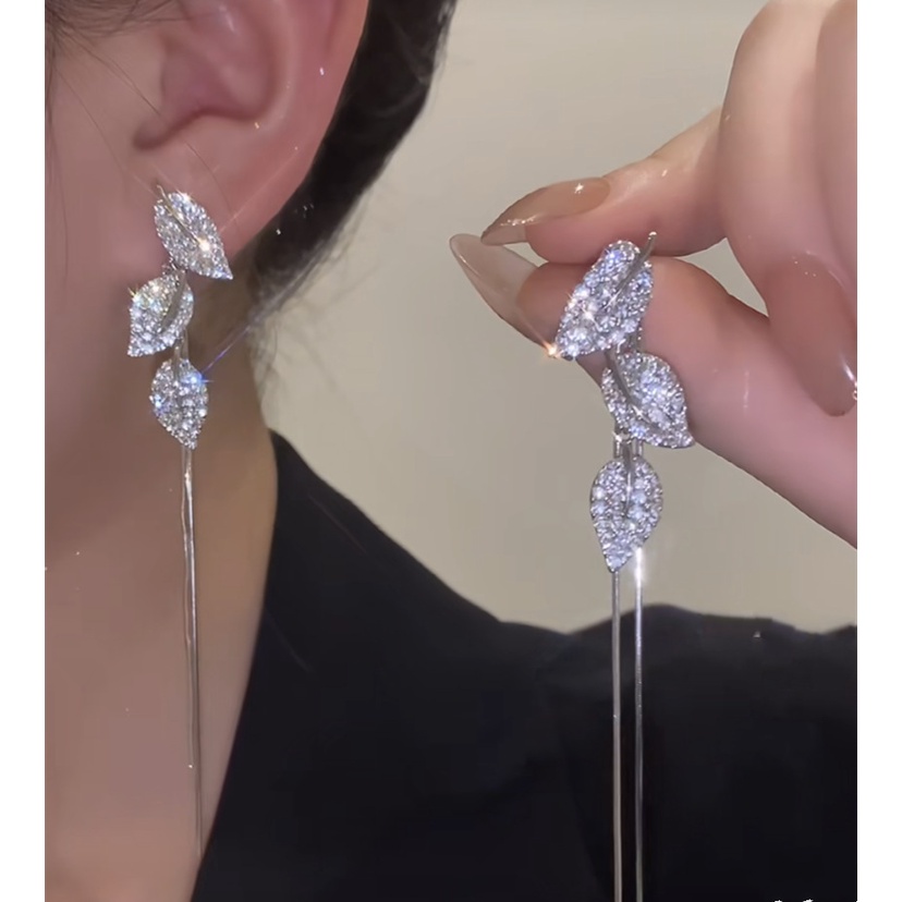 Khuyên tai bạc 925 RINHOO FRIENDSHIPhình chiếc lá tua rua không gây dị ứng thiết kế thời trang