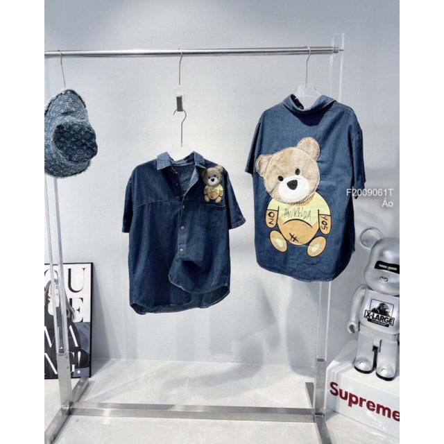Áo sơ mi jean 1 túi tay ngắn phối hình gấu 2009