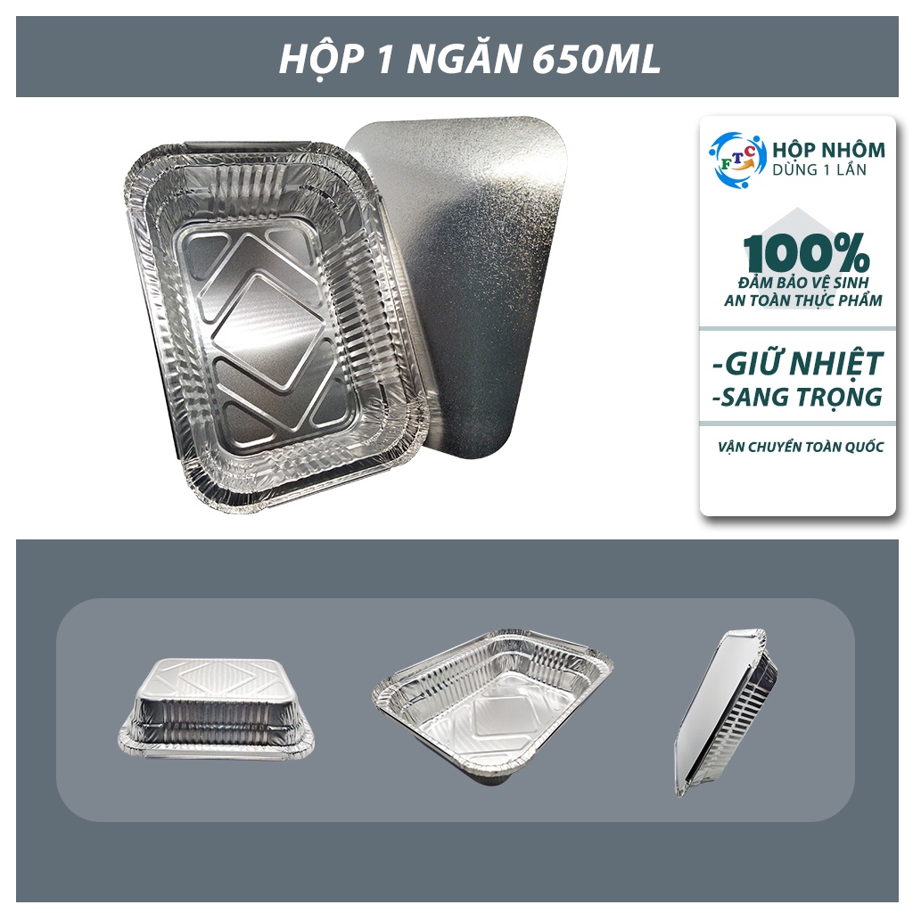 Set 10 hộp nhôm 1 ngăn 650 ml ( khay giấy bạc có nắp) - Chứng nhận VS ATTP - Đựng thực phẩm dùng 1 lần0