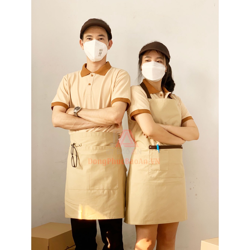 Áo thun tạp dề đồng phục quán cafe cao cấp KEM PHỐI NÂU cho nhân viên phục vụ