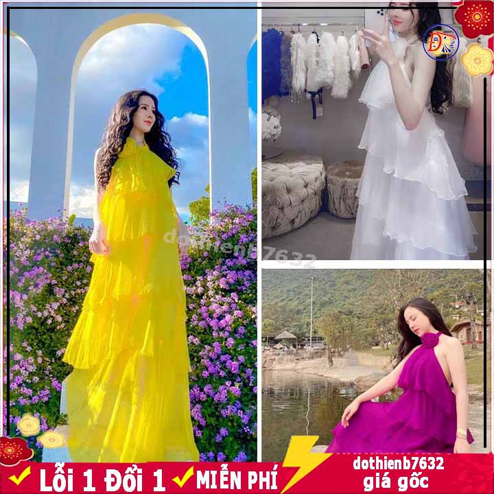 💖 FREESHIP💖 Đầm maxi voan tầng yếm hoa cổ, Đầm maxi đi biển tầng yếm xích 5 Màu có video và ảnh thật S0