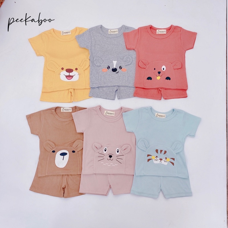 Bộ cộc tay vải tăm trơn hoạ tiết thú Peekaboo