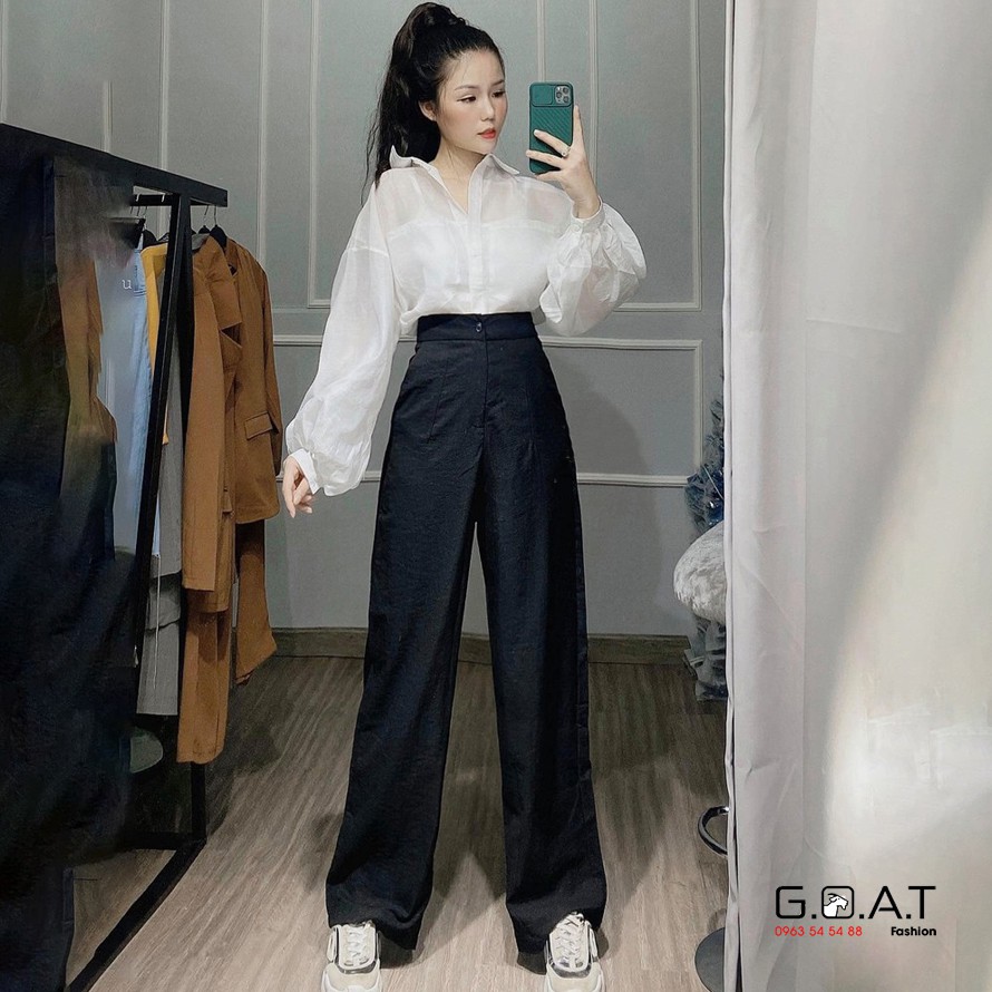 Quần đũi ống rộng nữ lưng cao khóa thật lưng chun - Màu Đen Trắng và Kem - Ống dài 100cm lên dáng suông đứng cực xinh | BigBuy360 - bigbuy360.vn