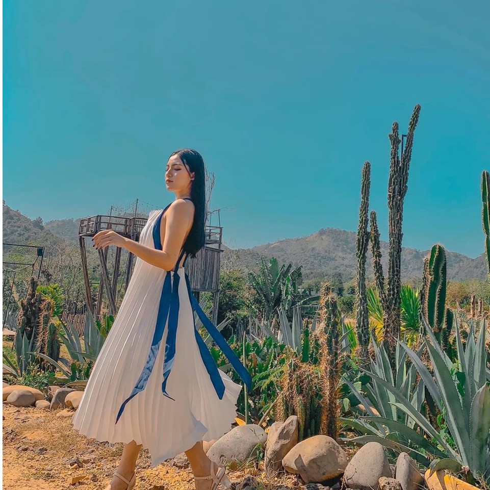 [FREESHIP] Đầm maxi đi biển maxi dập ly dây xanh