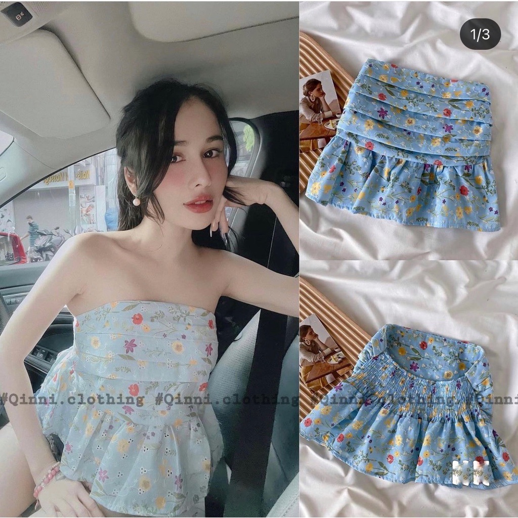 Áo quây hoa nhí xoè màu xanh biển lưng chun A2184