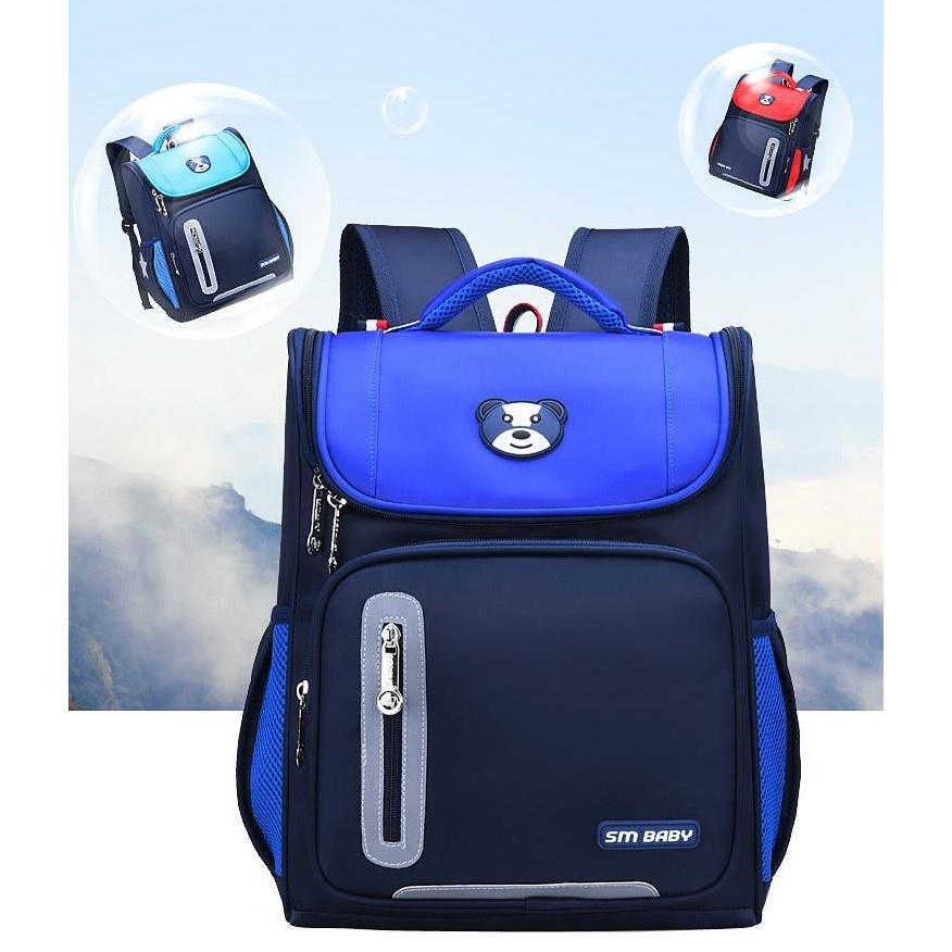 SIZE TO 40CM Balo học sinh tiểu học hình gấu SM Baby cho bé trai chất liệu chống thấm Ba lô chống gù có phản quang