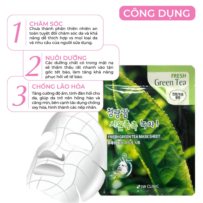 [Lẻ Miếng] Mặt nạ giấy trà xanh dưỡng trắng da dưỡng ẩm giảm dầu mụn chiết xuất Trà Xanh 3W Clinic Hàn Quốc 23ml