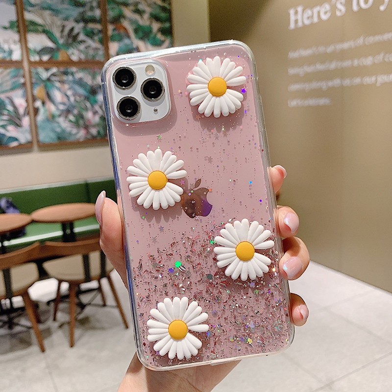 iPhone 12 Mini 11 Pro Max 6 6s 7 8 Plus + SE 2 SE2 2020 Case Soft Daisy Flower Star Glitter Sequins Transparent Silicone Cover