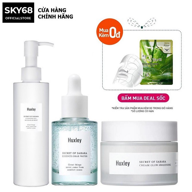 Bộ 3 Sản Phẩm Dưỡng Ẩm Sâu, Trắng Da Huxley (Sữa Rửa Mặt 200ml + SR Grab Water 30ml + Kem Glow Awakening 50ml)