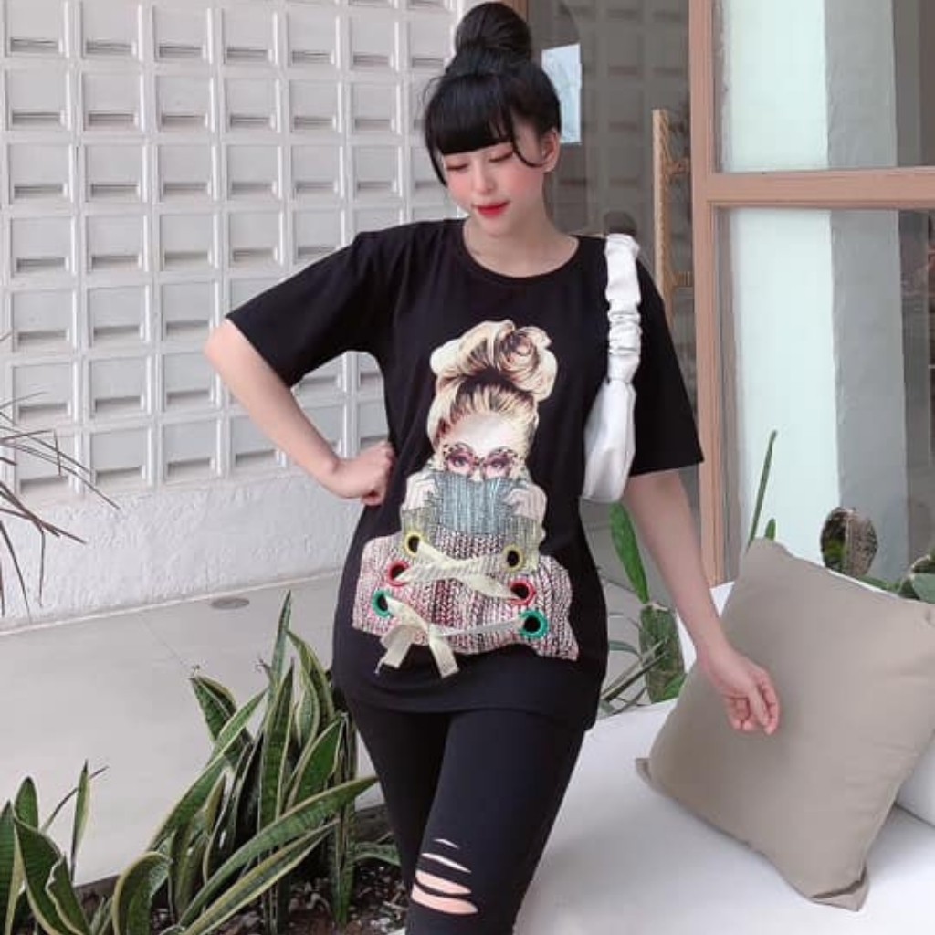 Đồ Bộ Nữ TS01331 Đồ Bộ Mặc Nhà Chất Cotton 100% Co Dãn Mịn Đẹp Quần Ngố Lửng Rách Nhẹ Hình In Cô Gái Size 40KG - 80Kg | BigBuy360 - bigbuy360.vn