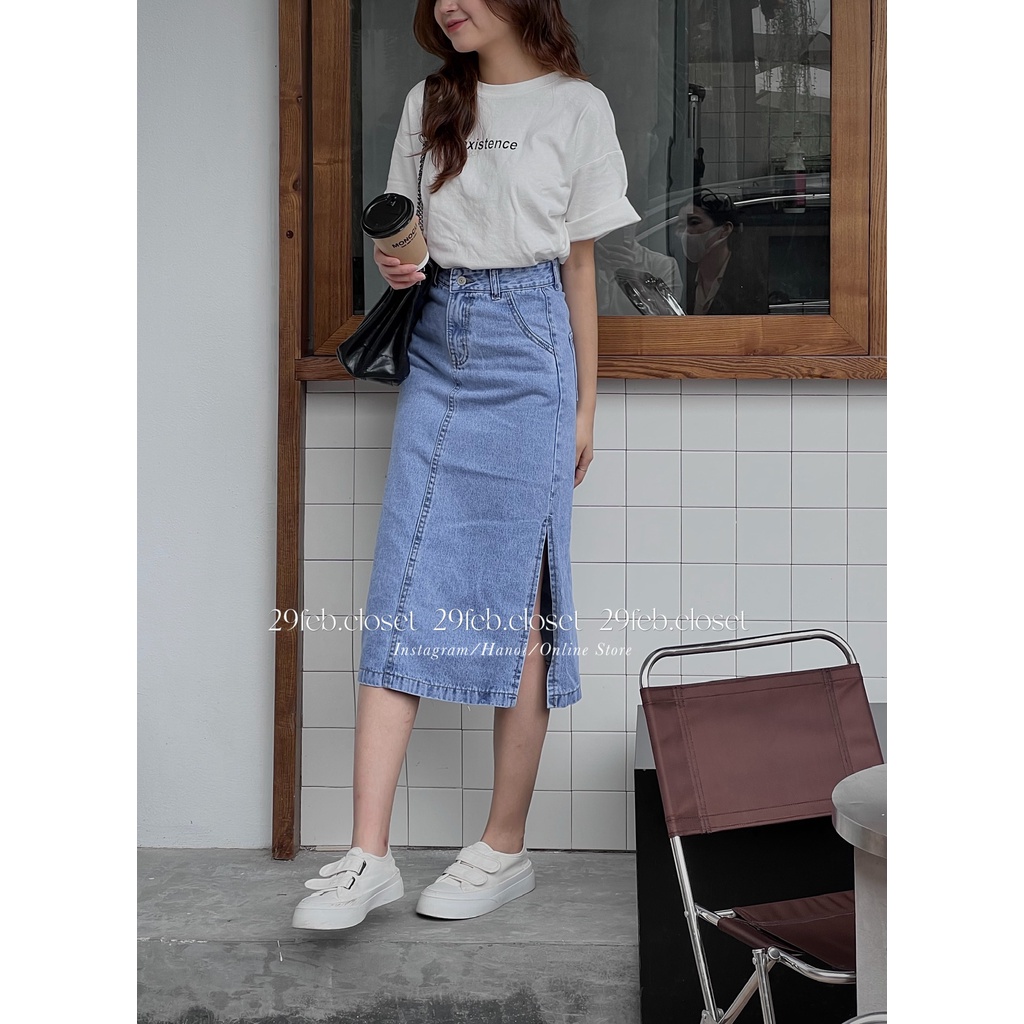 [Ảnh thật/Video] Chân váy jeans dáng dài xẻ 1 bên 2929 - 29feb.closet- CV3