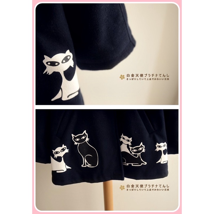 Áo khoác dạ in nhiều mèo - Xanh đen