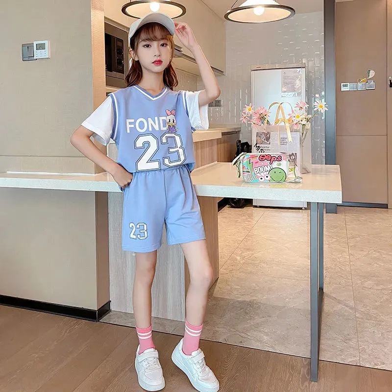 Bộ Trang Phục Thể Thao Hai Mảnh Mùa Hè Gồm Áo Thun Và Quần Short Bóng Rổ Phong Cách Phương Tây Cho Bé Gái