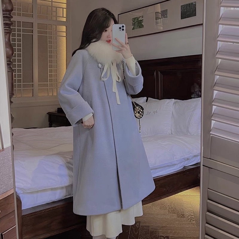 Áo dạ dáng dài kèm cổ lông Hàn Quốc tiểu thư sang chảnh nhiều màu pastel