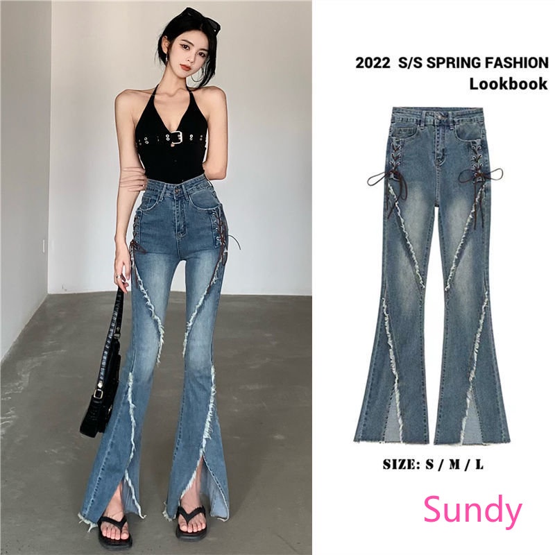 Quần Jeans Nữ Dài Ống Loe Xẻ Tà Thời Trang