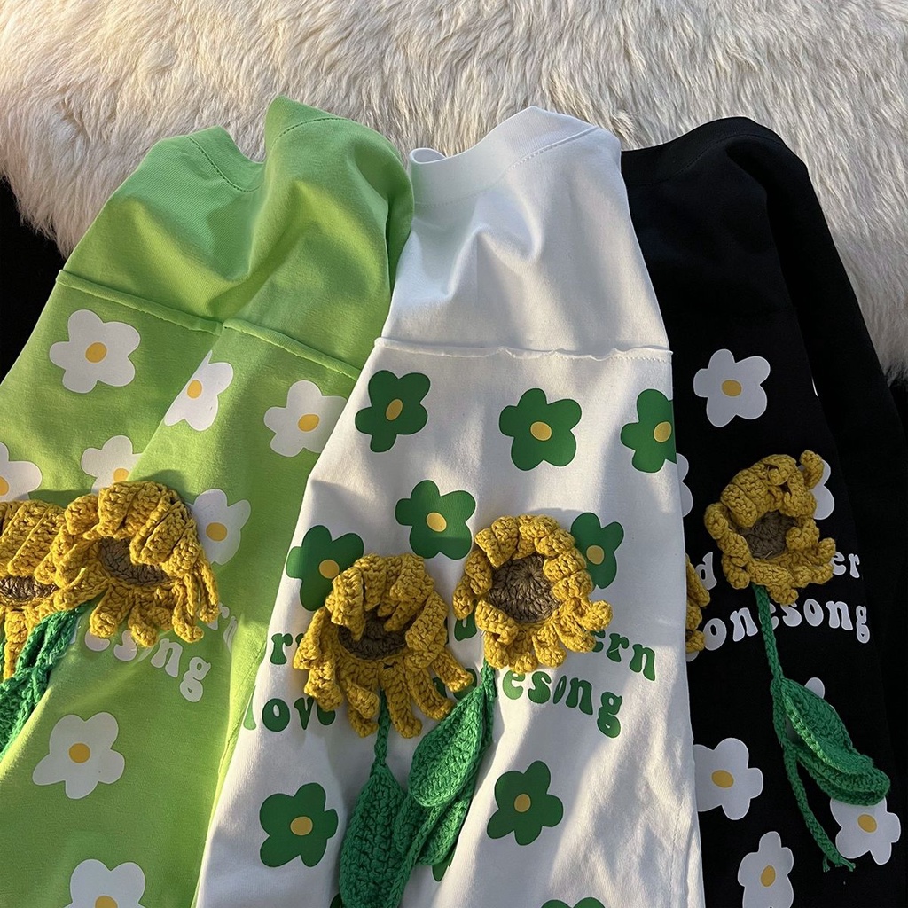 Áo Thun Cotton Tay Ngắn Họa Tiết Hoa Hướng Dương Và Chữ Phong Cách Hàn Quốc Cho Nữ