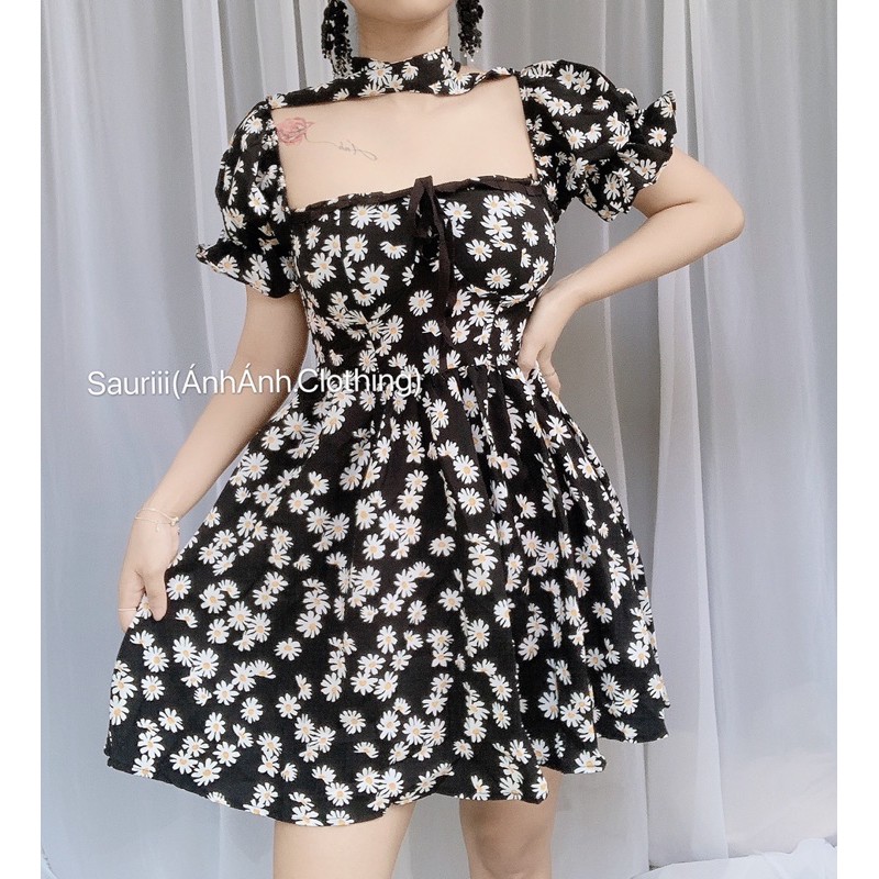 HÀNG SẴN Đầm xoè chiffon ulzzang bèo hoa cúc nhí cột nơ sau có đệm ngưc +ảnh thật