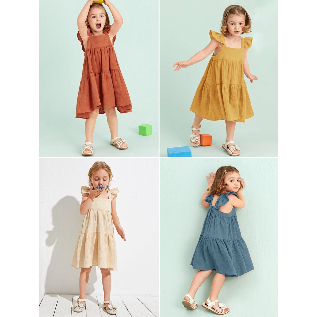 Váy đầm xô muslin tay cánh tiên cho bé