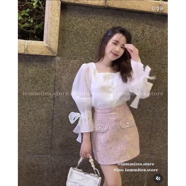 SET ÁO TRẮNG TAY NƠ CỔ VUÔNG + CHÂN VÁY BỐ HỒNG