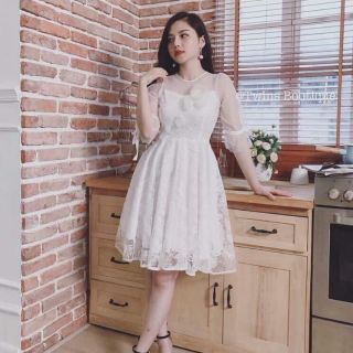 Đầm xòe ren hoa nổi tay lỡ
