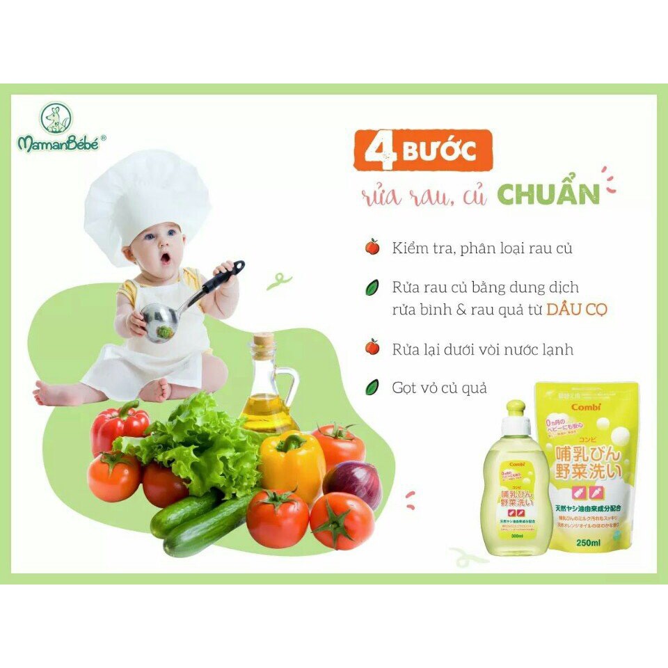 (MamanBébé chính hãng) Chai dung dịch rửa bình sữa và rau quả chiết xuất từ dầu cọ combi dung tích 300ml