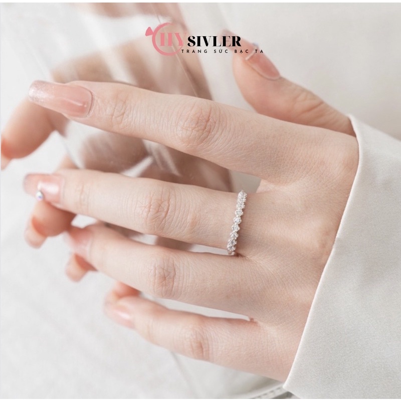 Nhẫn bạc ta một hàng đá ziczac hình thoi nhẫn nữ đơn giản nhỏ xinh