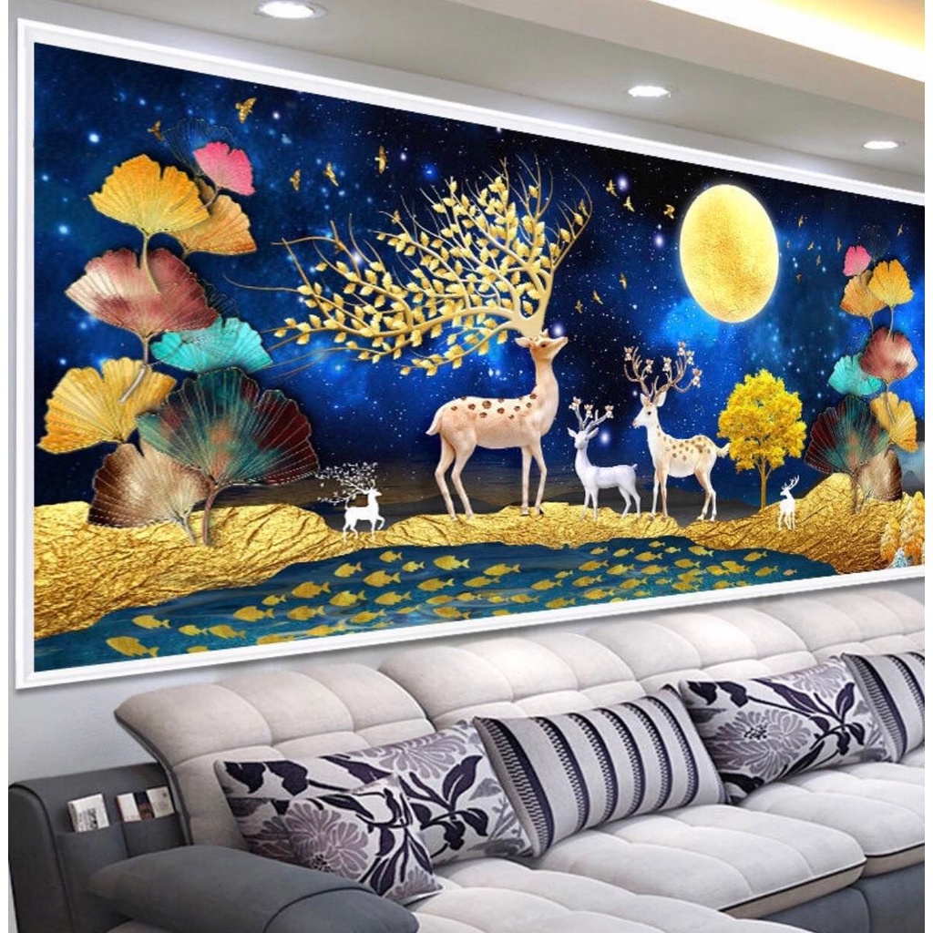 Tranh thêu kín Hươu nai tài lộc phát tài E196YN, E78 (100x55cm) - tranh chưa thêu