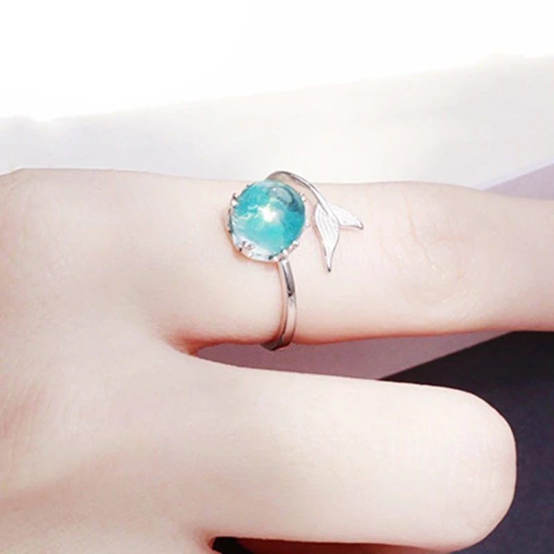 Nhẫn Hở Tùy Chỉnh Mặt Hình Đuôi Nàng Tiên Cá Đính Đá Pha Lê Xanh Dương Thời Trang Sáng Tạo Dành Cho Nữ/ Quý Cô