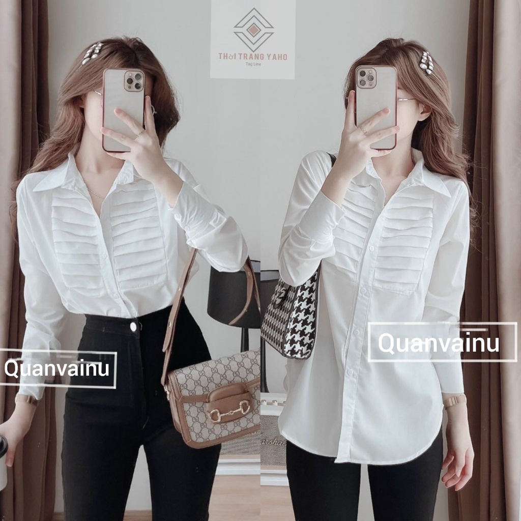 ℡Áo sơ mi nữ dài tay đi học sinh kiểu hàn màu trắng mặc công sở phối sọc ngang - form rộng họa tiết dáng