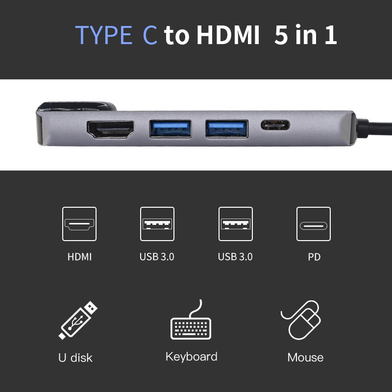 [COD Ready Stocks] 5in1 Type C to HDMI 4K TV USB3.0 Video Adapter Converter