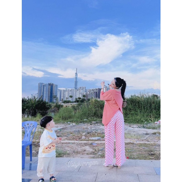 Set Thun Cotton Áo Xẻ Tà Kèm Quần Ống Rộng Caro