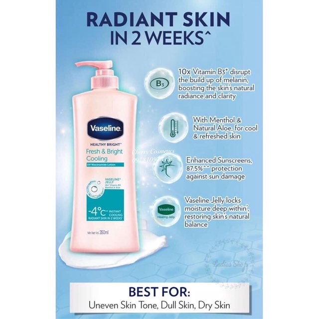 Dưỡng Thể Vaseline Dạng Gel Dưỡng Sáng Mát Lạnh Fresh &amp; Bright Cooling - Chai 350ml