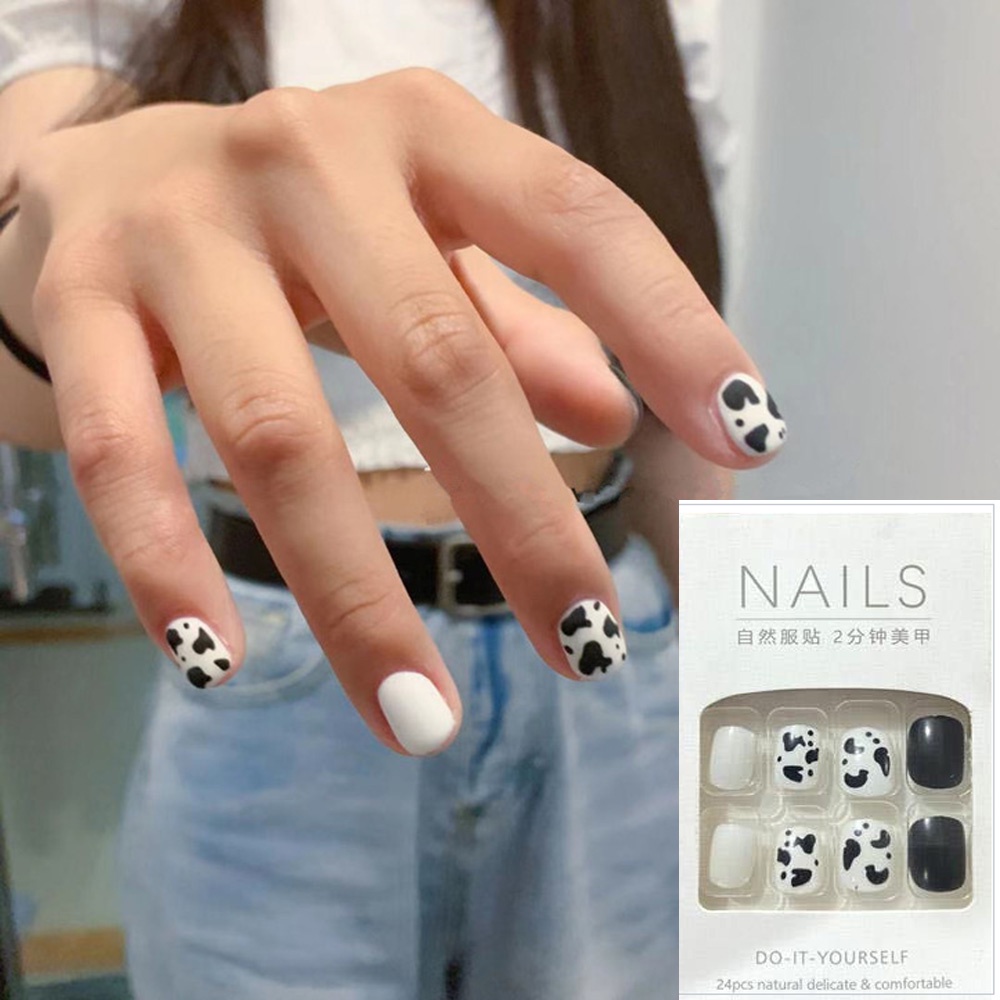 Set 24 móng tay giả acrylic họa tiết bò sữa trang trí thủ công chuyên nghiệp