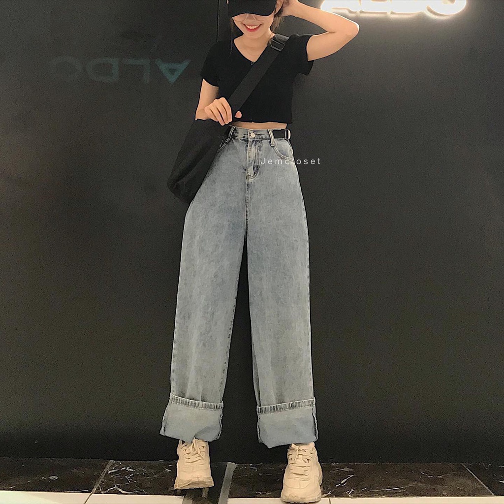 Quần Jeans Nữ Ống Rộng Kèm Thắt Lưng Eo Quần Bò Form Unisex Màu Xanh Thoải Mái Dễ Phối Đồ  - 2264 JEM CLOSET