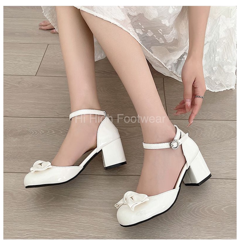 Giày búo bê kiểu Mary Jane công chủa đính nơ màu trắng kem, Giày búp bê cao gót nơ dễ thương lolita