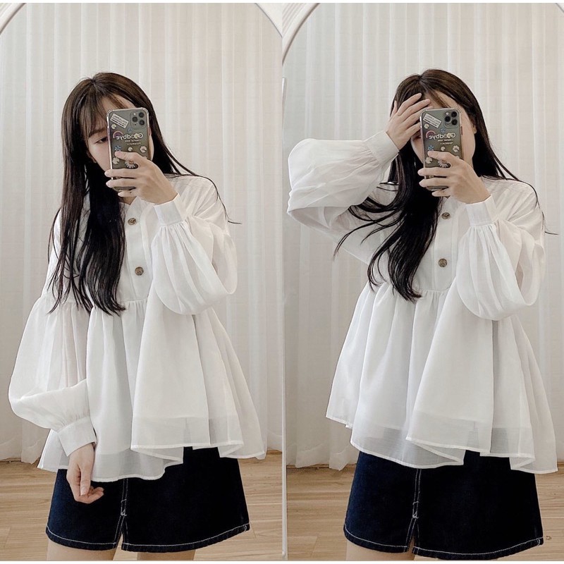 Áo babydoll voan tơ nút giả gỗ hai tầng tiểu thư - BBD06FG
