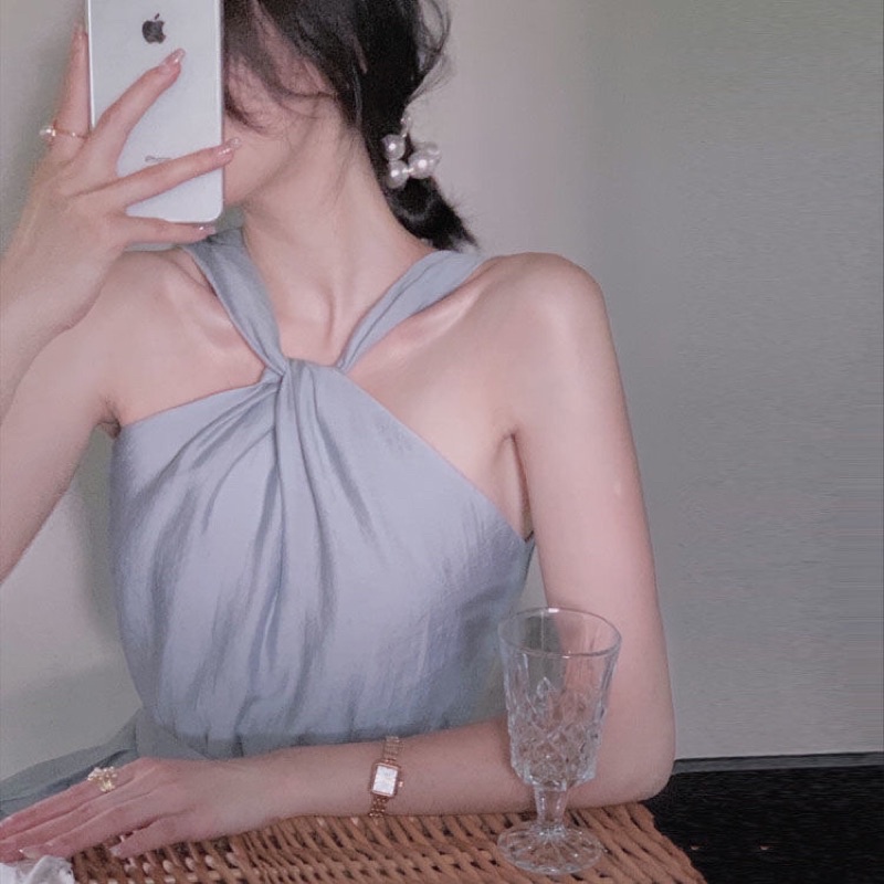 Đầm cao cấp chéo cổ hở vai dáng dài phong cách nhẹ nhàng xinh xắn nàng thơ dành cho nữ