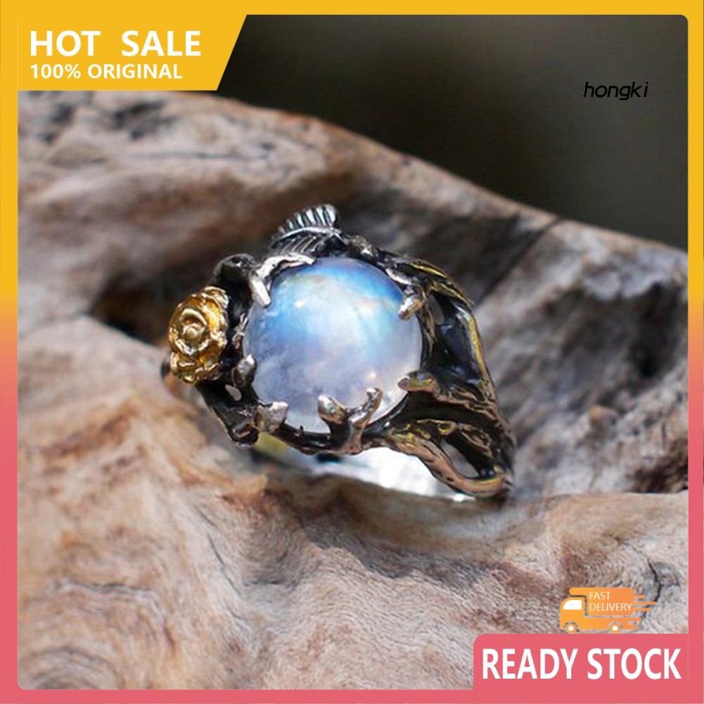 Nhẫn Đính Đá Mặt Trăng Nhân Tạo Hình Hoa Hồng Phong Cách Vintage