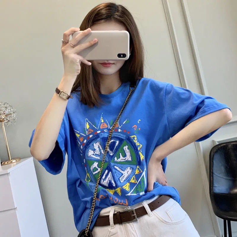 Áo thun tay ngắn dáng rộng in họa tiết đơn giản phong cách Hàn Quốc