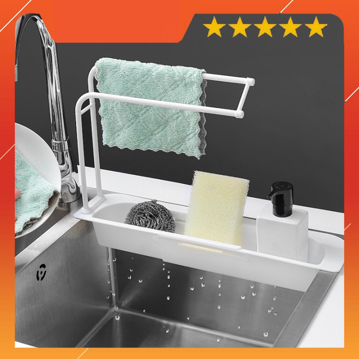 Kệ Để Đồ Rửa Chén Bát Đa Năng Có Chỗ Treo Khăn - Khay Để Đồ Rửa Chén Bát Bồn Rửa Chén Tiện Lợi