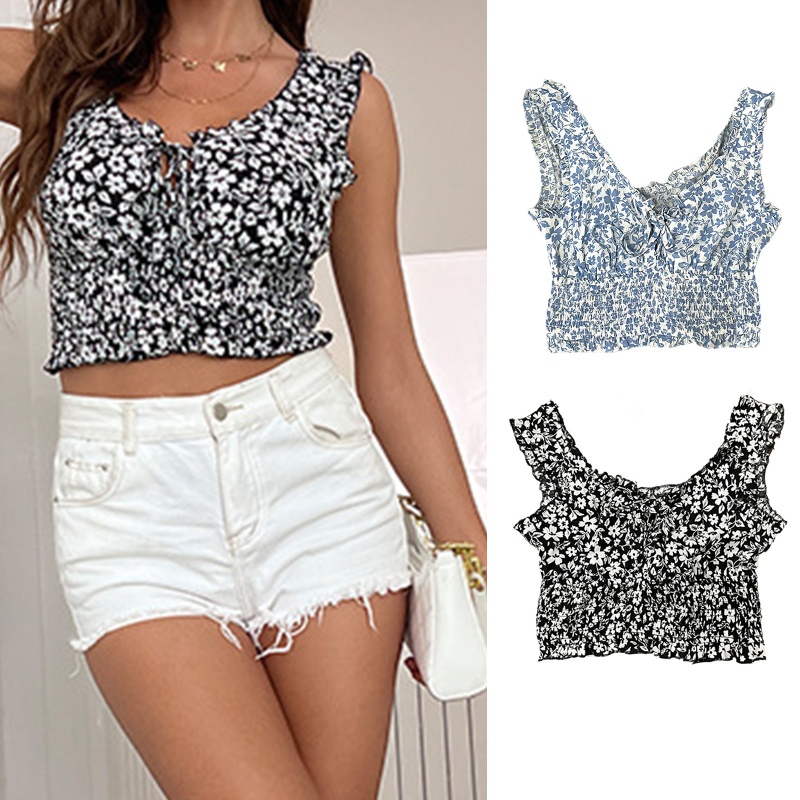 Áo Croptop Không Tay Cổ Chữ V Họa Tiết Hoa Thời Trang Mùa Hè Cho Nữ