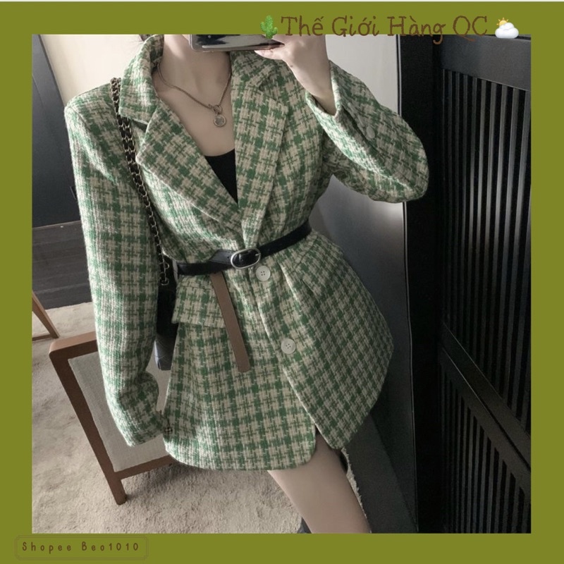 Áo dạ cổ vest kẻ 2 màu TẶNG kèm Belt