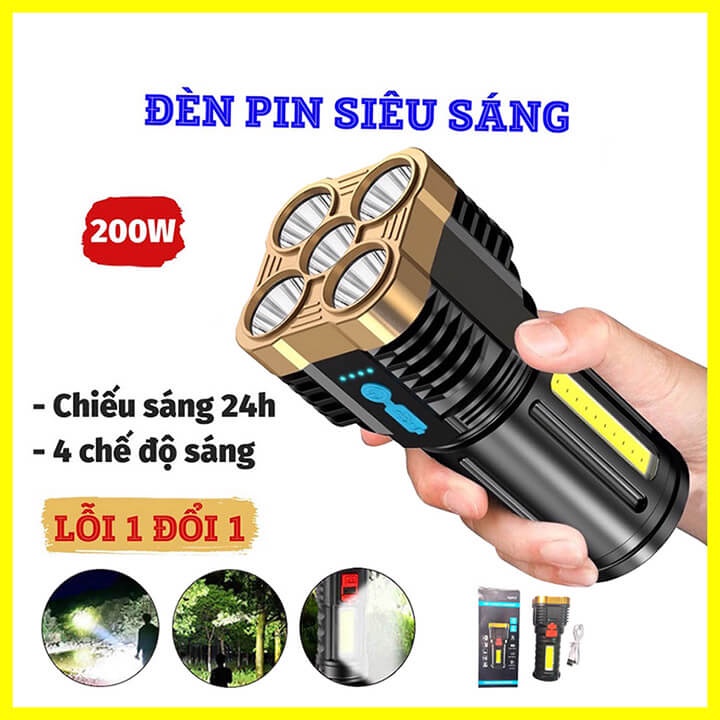 Đèn pin siêu sáng cầm tay 5 bóng Pro chiếu xa 200m, chống thấm nước, pin khủng 4 chế độ sáng, có đèn Led cạnh